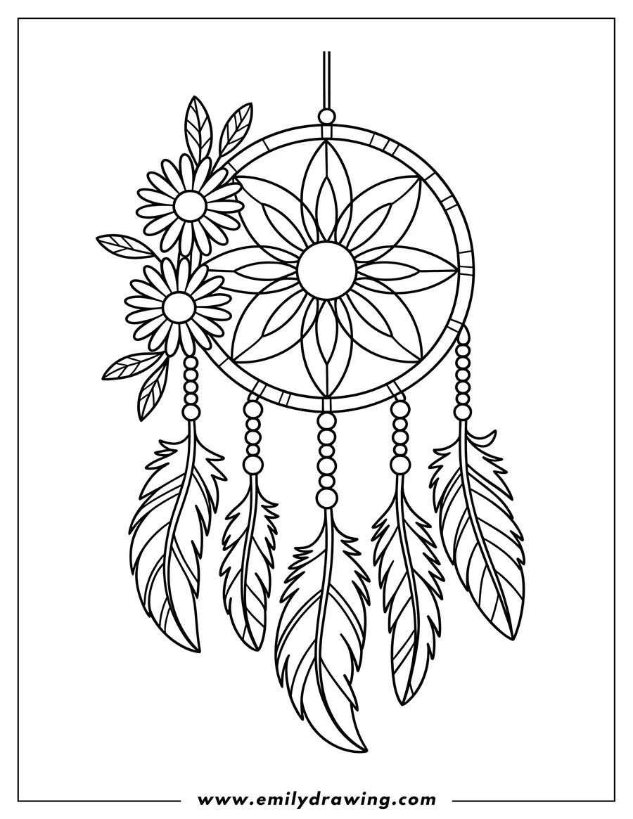 Line art of a dreamcatcher with flowers and feathers.