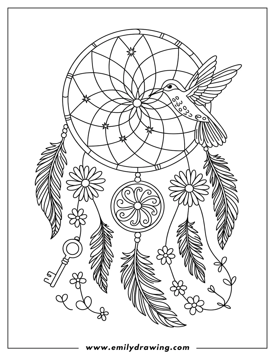 Line art of a dreamcatcher with a hummingbird, feathers, flowers, and a key charm hanging from it.