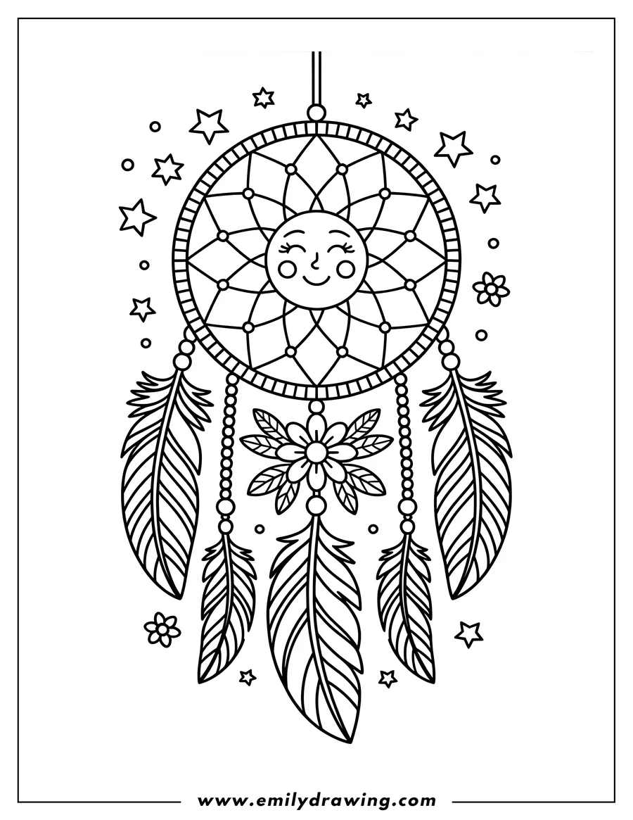 Line art of a dreamcatcher with a smiling sun at its center. It's decorated with feathers, beads, a flower, and small stars.