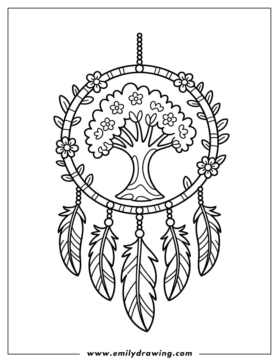 Outline of a dreamcatcher with a stylized tree in the center, decorated with leaves and flowers around the circular frame and feathers hanging below.