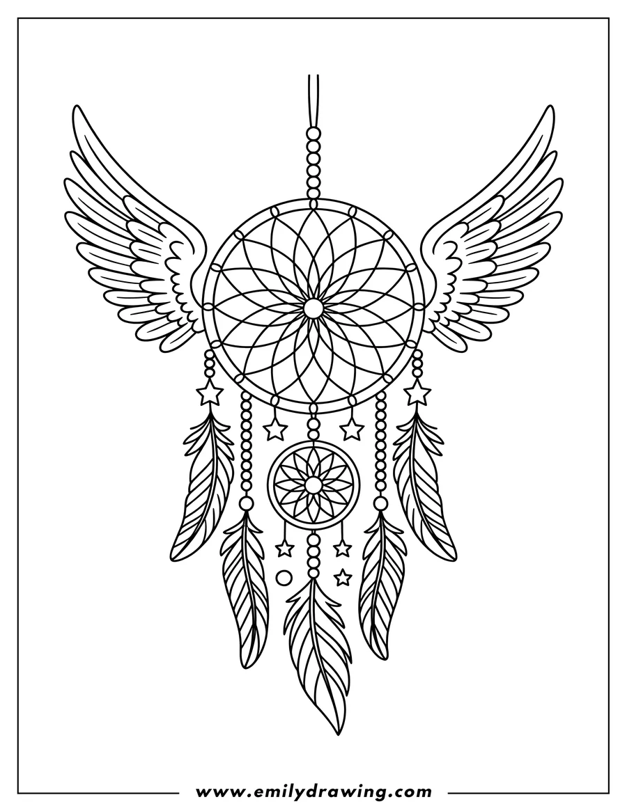 Line art of a dreamcatcher with wings, decorated with feathers, beads, and stars.