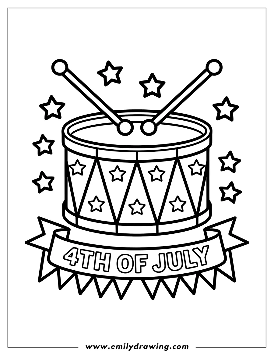 Outline of a drum with a 4th of July banner and drumsticks. Stars are scattered around the drum.