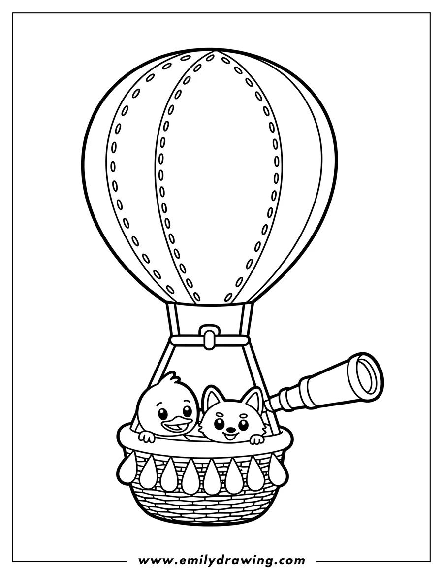 Line art of a duck and dog riding in a hot air balloon basket. The dog is looking through a telescope.