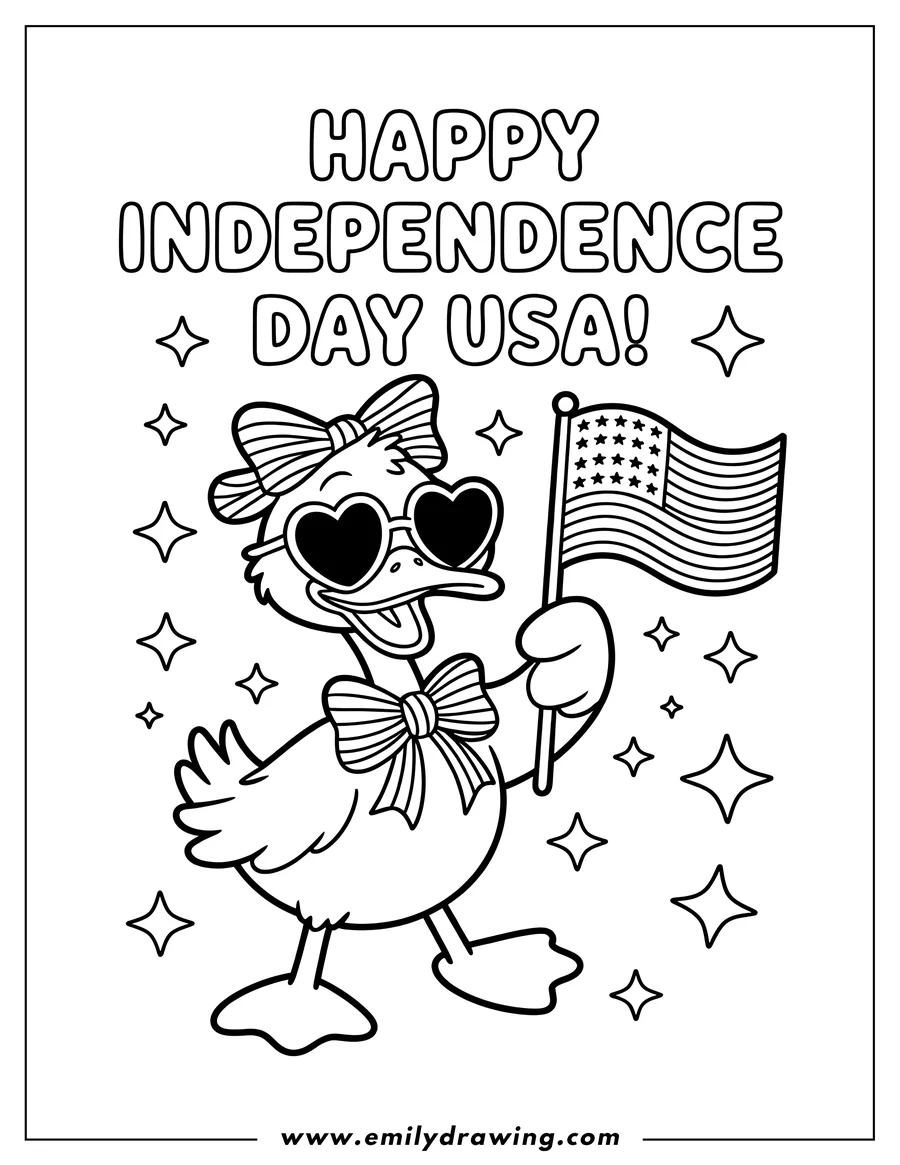 Outline of a duck holding an American flag. The duck wears heart-shaped sunglasses and bows. Stars surround the duck.