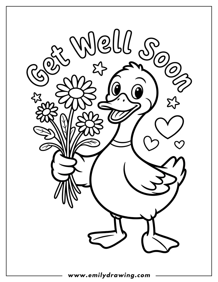 Outline of a cheerful duck holding a bouquet of flowers with the words 