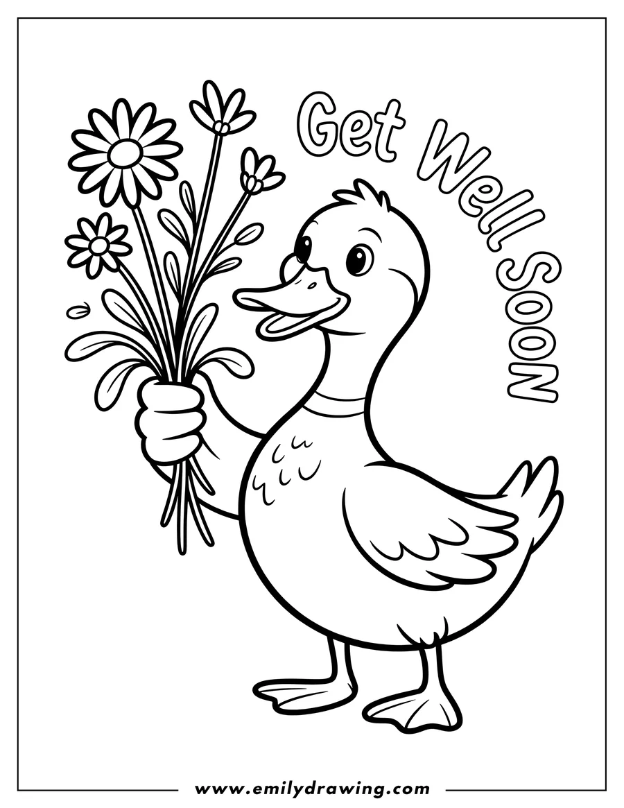 Line art of a duck holding a bouquet of flowers with the words 
