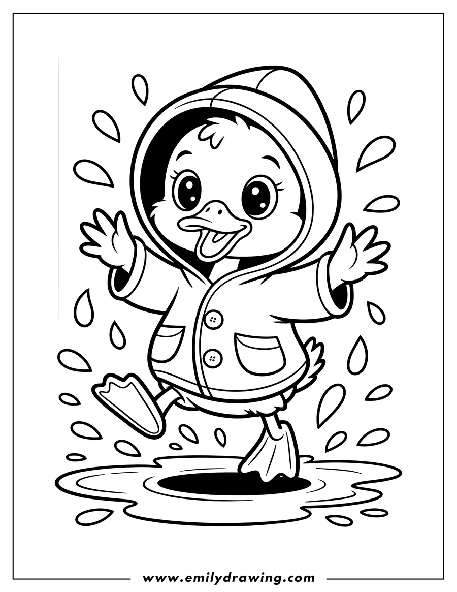 Line art of a cheerful duckling wearing a raincoat and boots, happily splashing in a rain puddle.