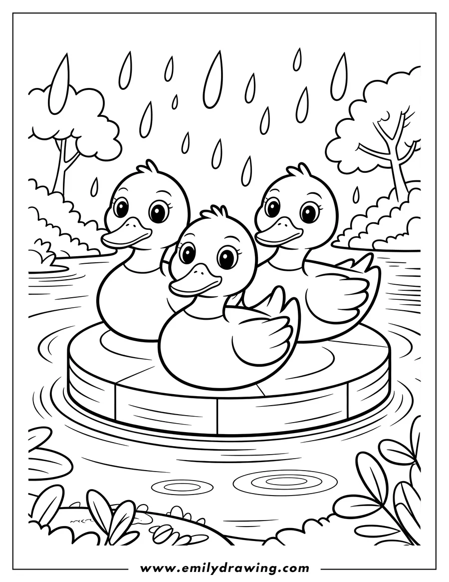Three ducklings sitting on a small wooden platform in a pond while it rains. Ripples in the water surround the platform. Trees and other foliage border the pond. Raindrops are depicted falling from the sky.
