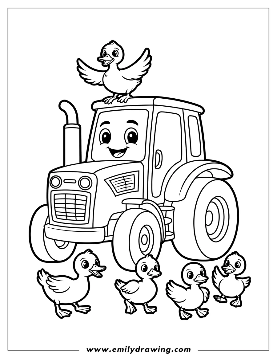 Outline of a cheerful tractor with a duckling perched on top and four more ducklings gathered below.