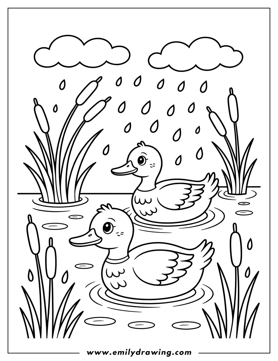 Two ducks swimming in a pond in the rain, surrounded by cattails. Raindrops are falling from two clouds above.