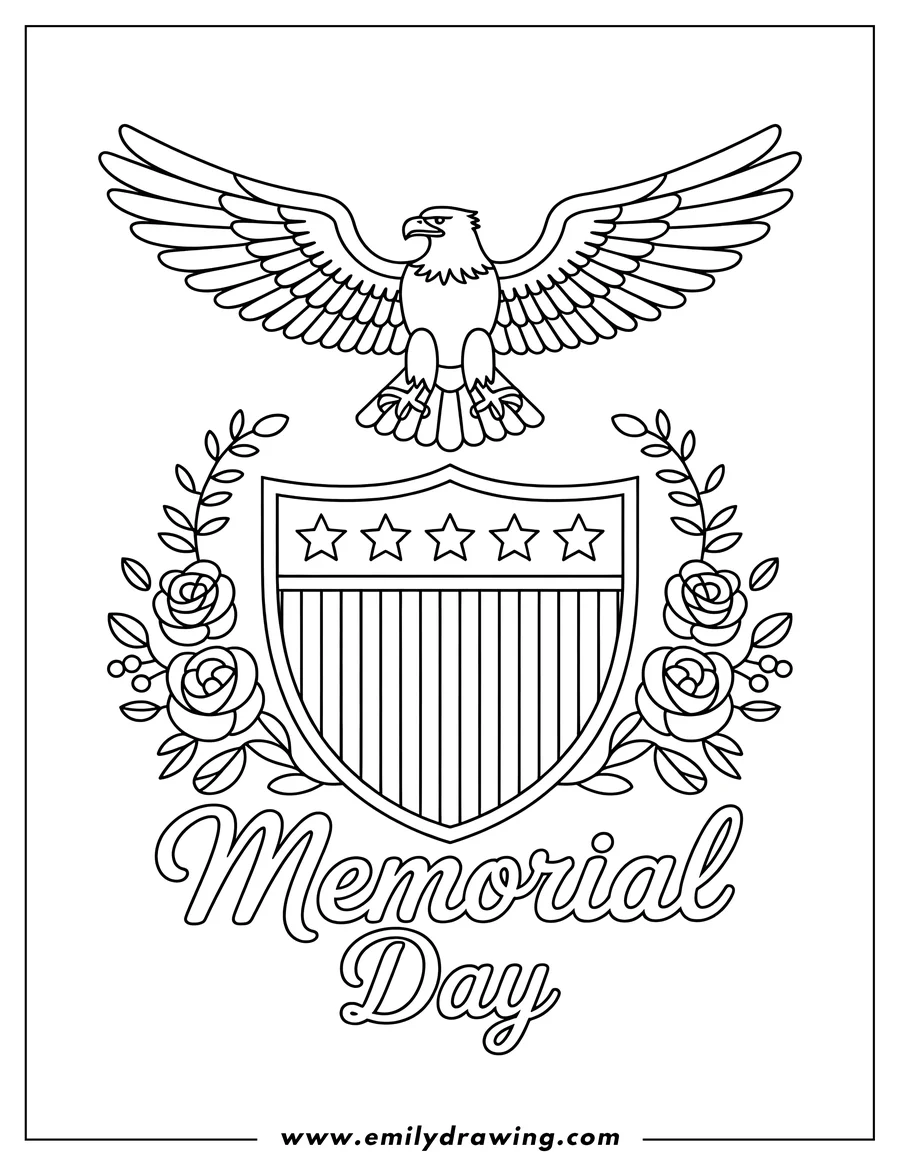 Line art of an eagle with outstretched wings above an American shield decorated with stars and stripes, framed by floral branches. The words 'Memorial Day' are written below.