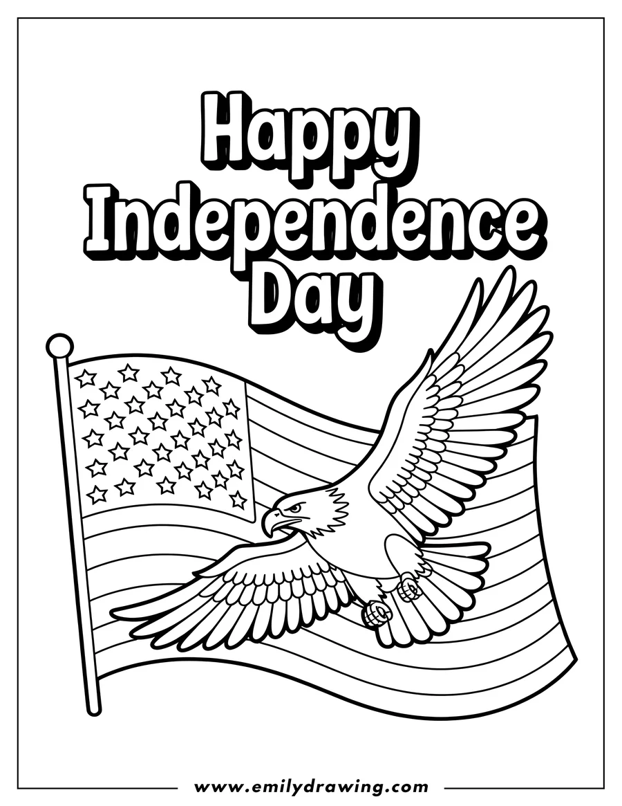 Line art of an eagle in flight with an American flag in the background. 