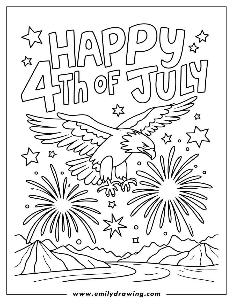 Outline of an eagle soaring over exploding fireworks, with mountains and a river in the background.