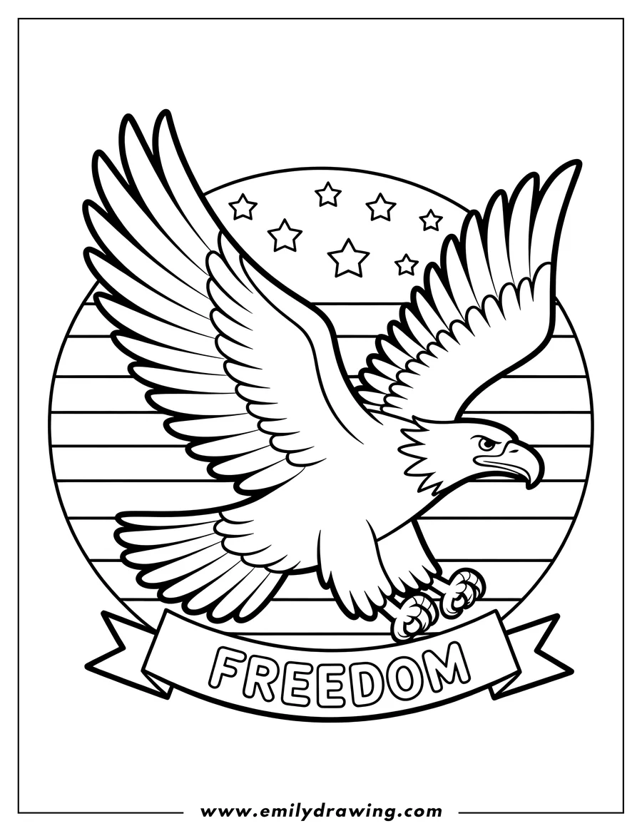 Line art of an eagle with outstretched wings, soaring in front of a circular American flag design. A banner below the eagle reads 'FREEDOM'.