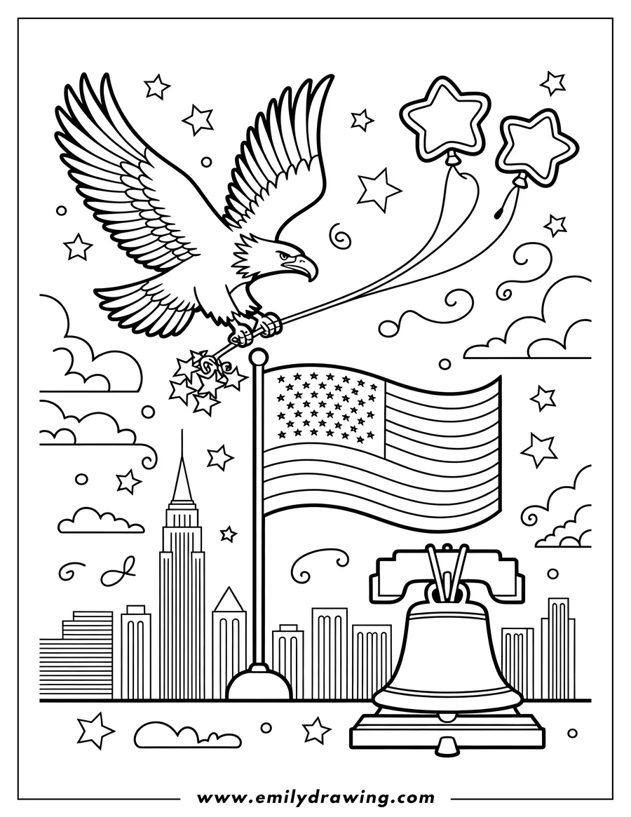 Line art of an eagle flying with star-shaped balloons, an American flag, the Liberty Bell, and cityscape in the background.