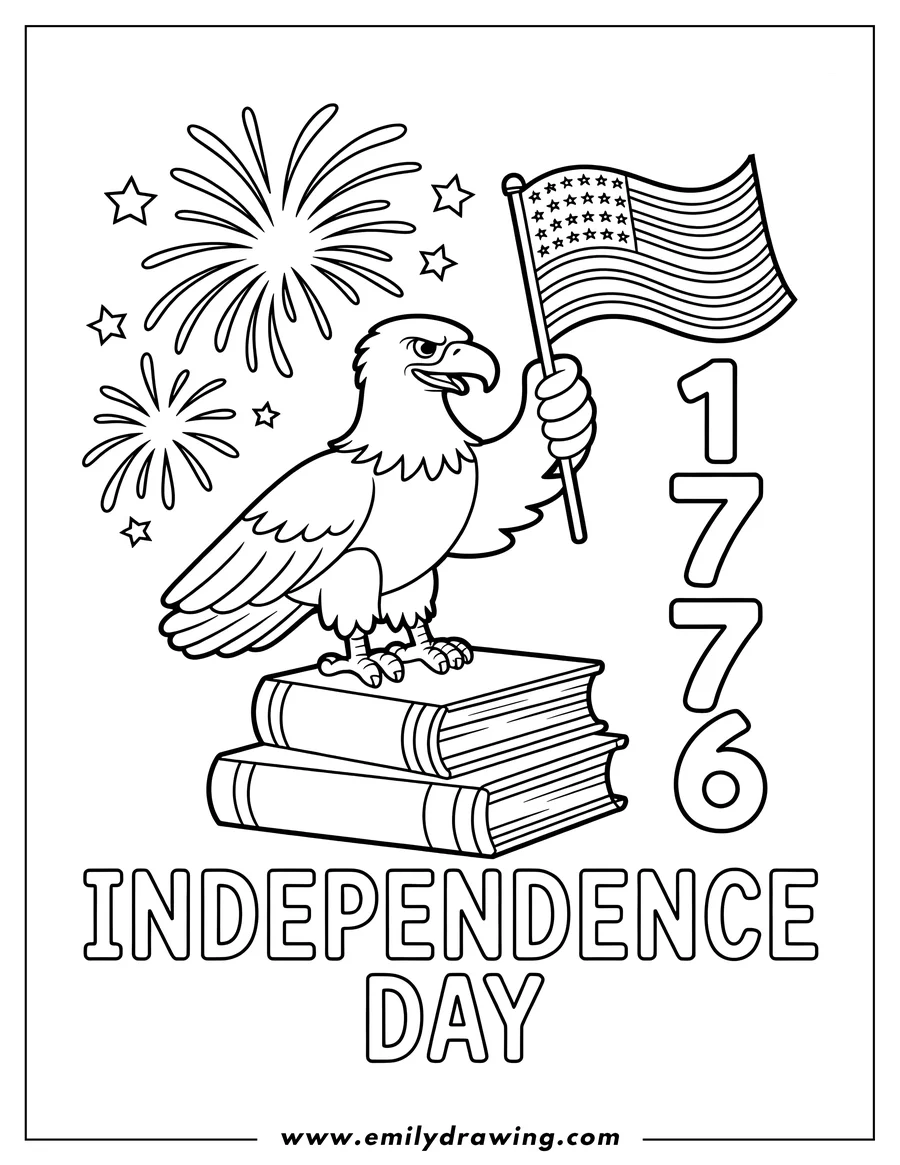 Line art of an eagle holding an American flag, perched on books, with fireworks and '1776' and 'INDEPENDENCE DAY' text.