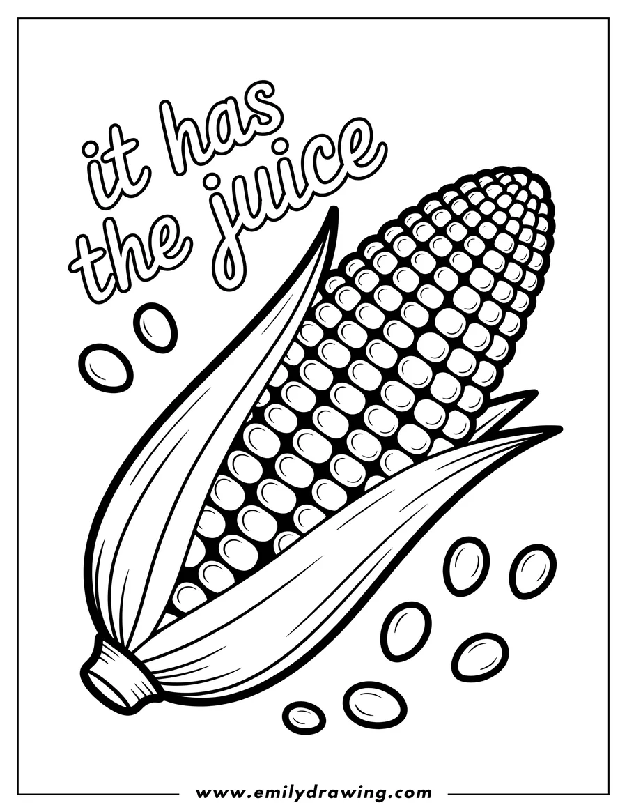 Line art of an ear of corn with kernels and leaves, ready to be colored.