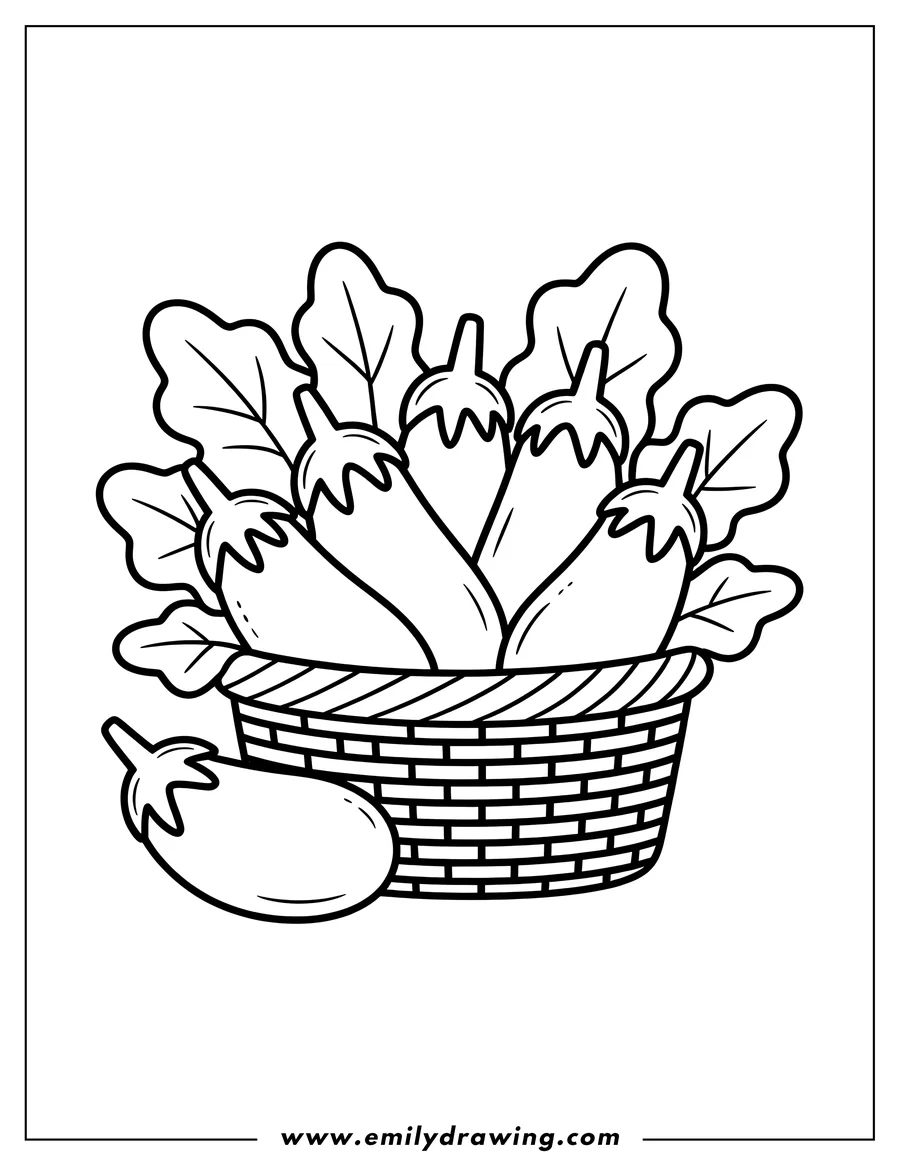 Outline of several eggplants in a woven basket. Another eggplant sits beside the basket.