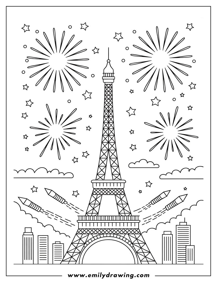 Outline of the Eiffel Tower with fireworks, stars, and rockets exploding in the background.