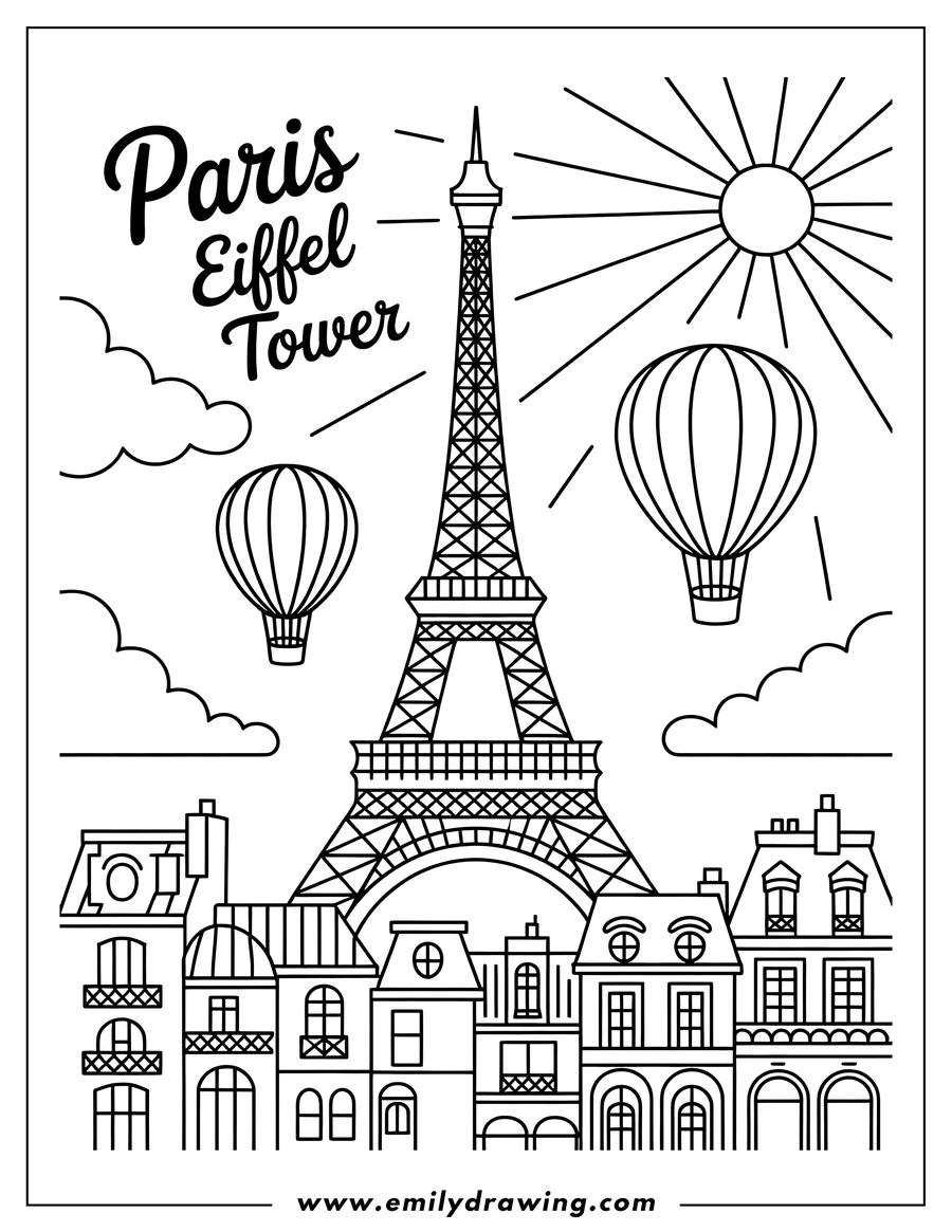 Outline of the Eiffel Tower in Paris with hot air balloons, a bright sun, and Parisian buildings.