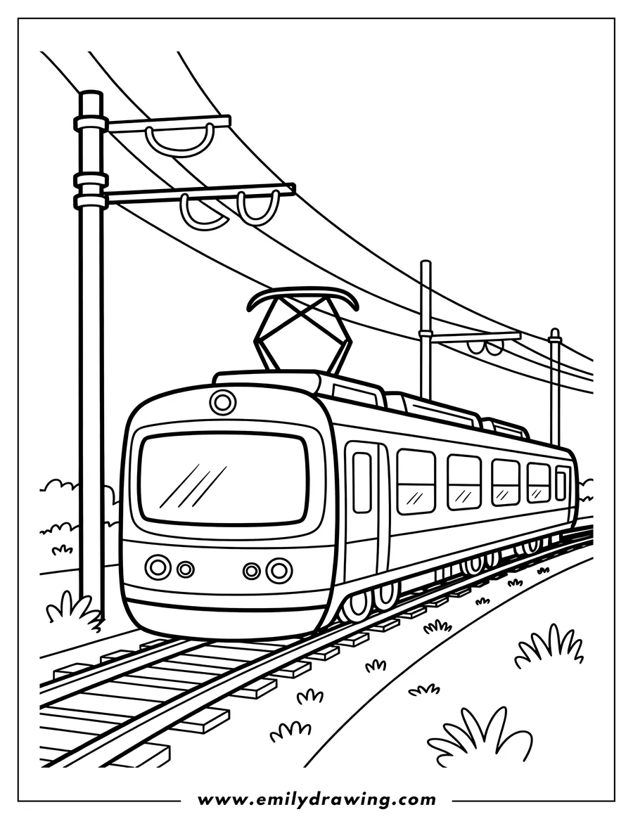 Outline of a modern electric train speeding along the tracks.
