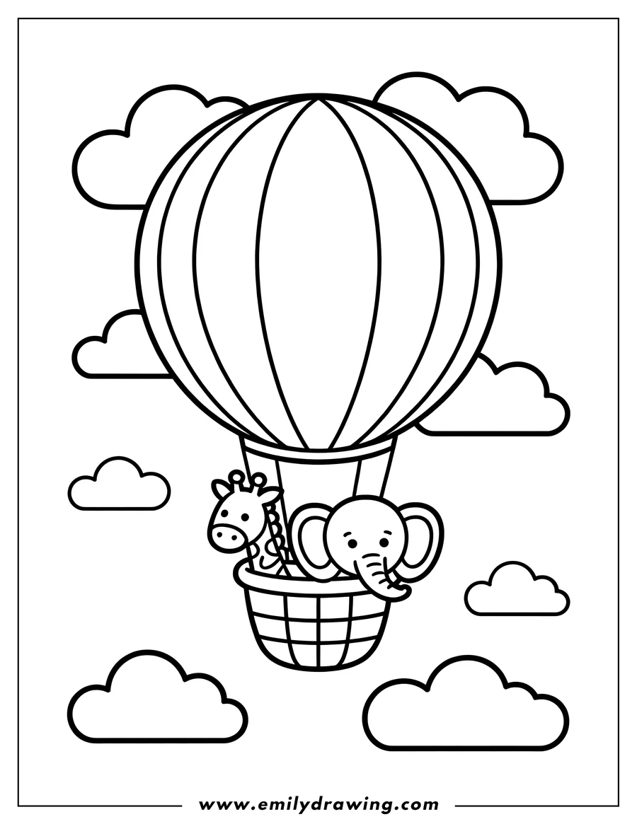 Outline of an elephant and giraffe in the basket of a hot air balloon, floating among fluffy clouds.