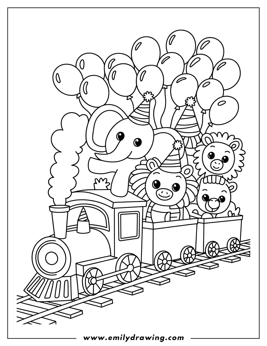 Line art of an elephant and two lions riding on a train decorated with party hats and balloons.