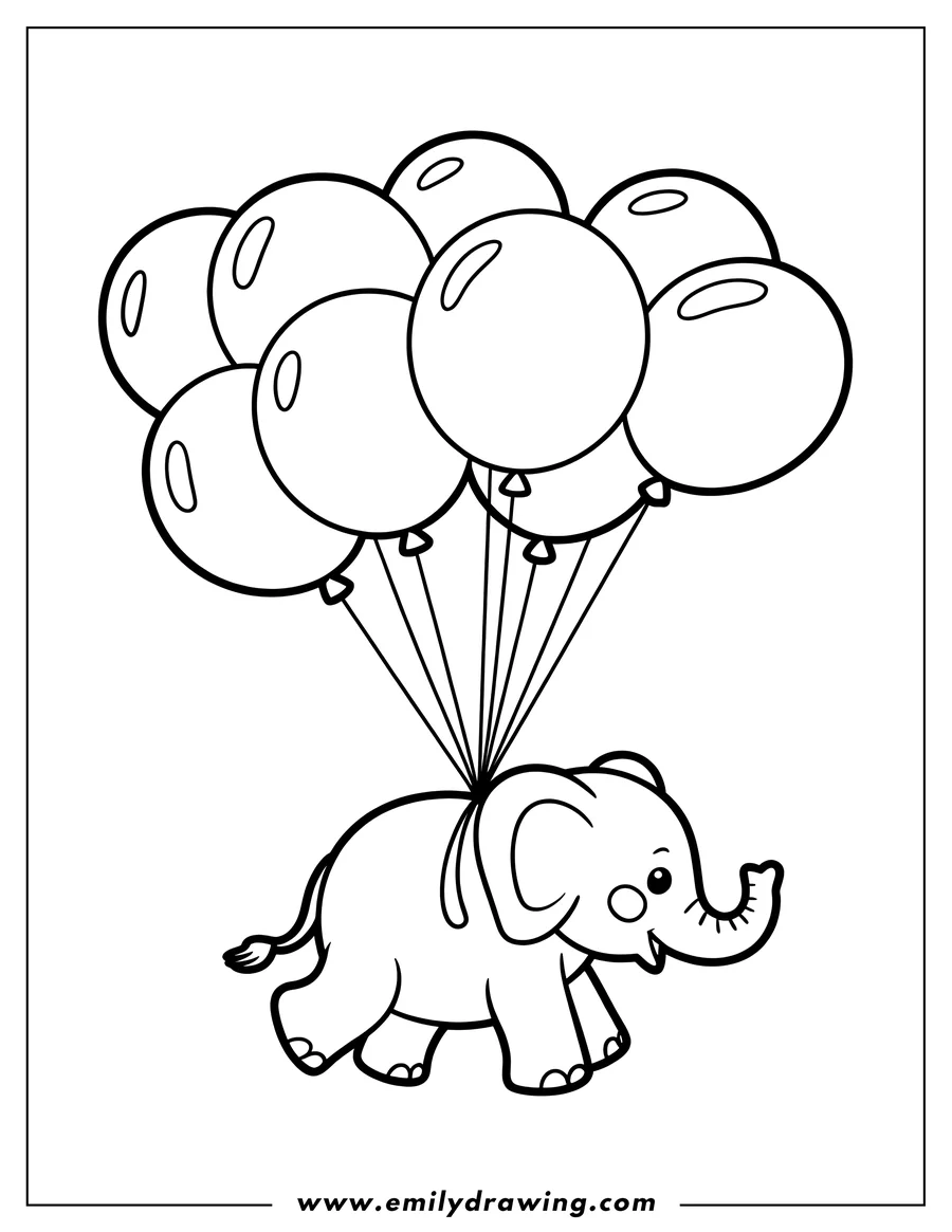 Outline of a baby elephant held aloft by a bunch of balloons.