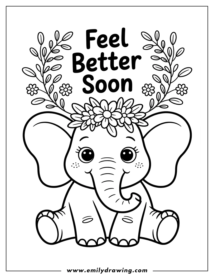Line art of a baby elephant wearing a flower crown and a sweet expression.