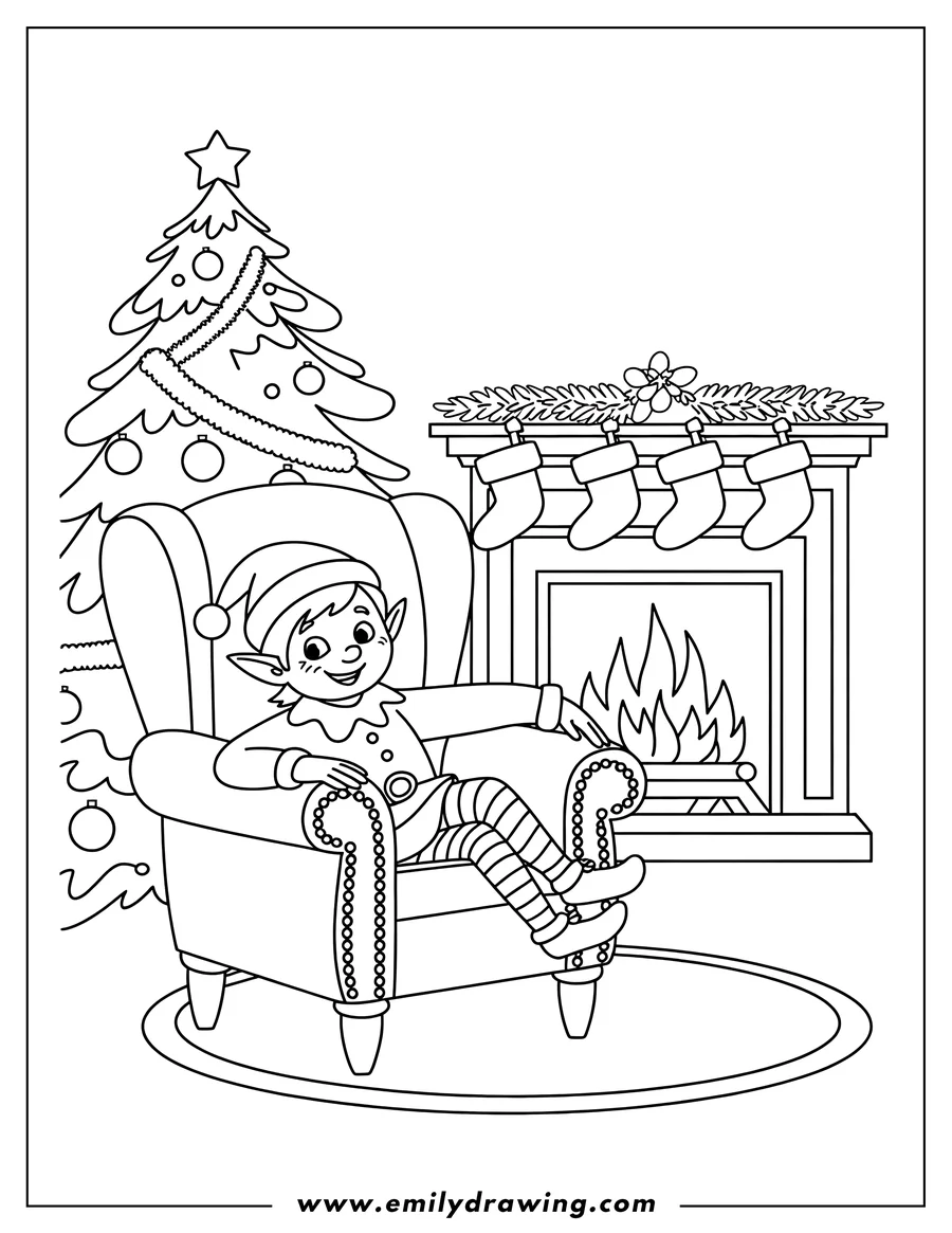 Outline of a Christmas elf relaxing in an armchair by a fireplace with stockings hanging from the mantle. A decorated Christmas tree is also visible.