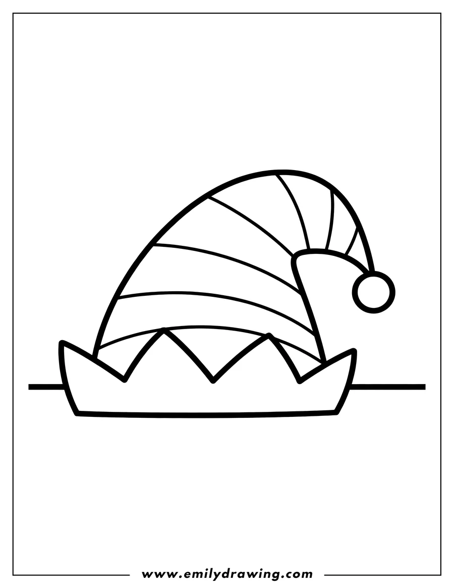 Line art of a striped elf hat with a pompom.