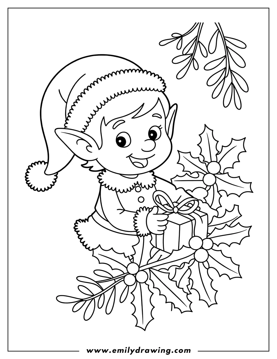 Line art of a Christmas elf holding a wrapped present, surrounded by holly leaves and berries.