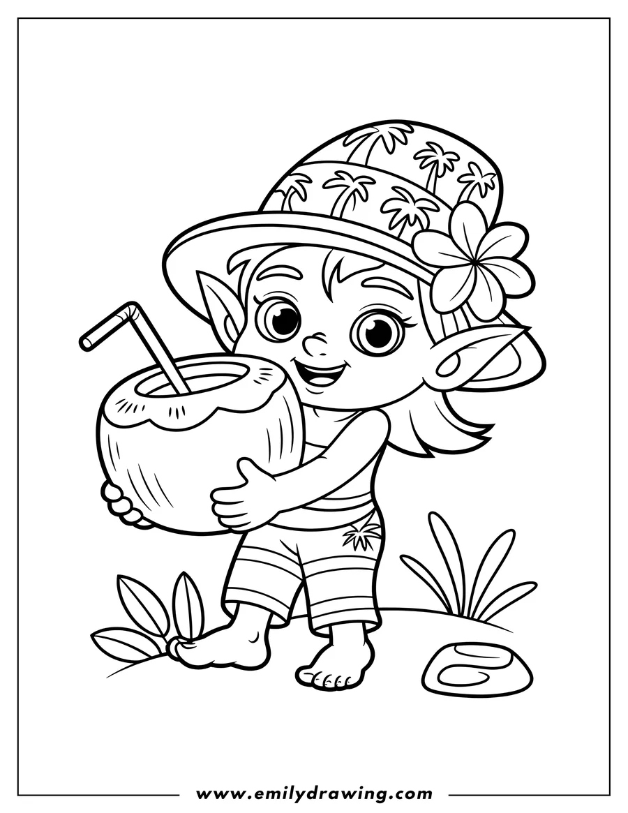 Outline of a cheerful elf holding a coconut drink with a straw, wearing a sun hat and beach shorts.