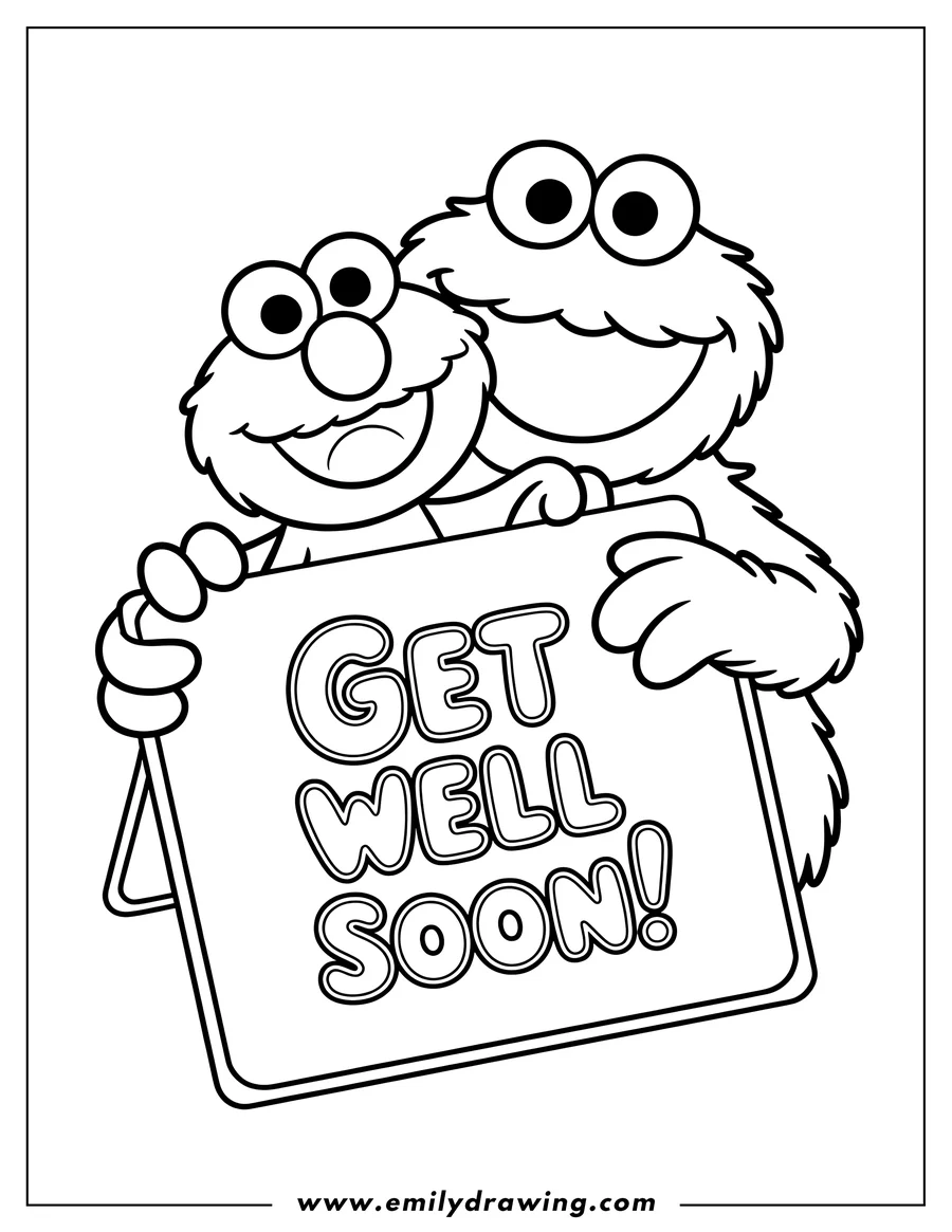Line art of Elmo and Cookie Monster holding a large card that says 'Get Well Soon!'