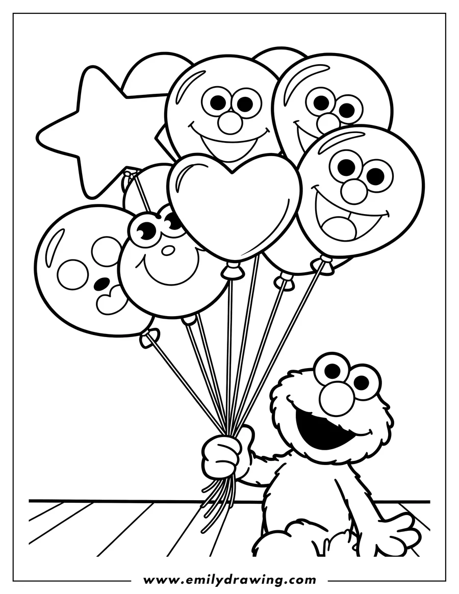 Line art of Elmo holding a bunch of balloons, including a star-shaped and a heart-shaped balloon.