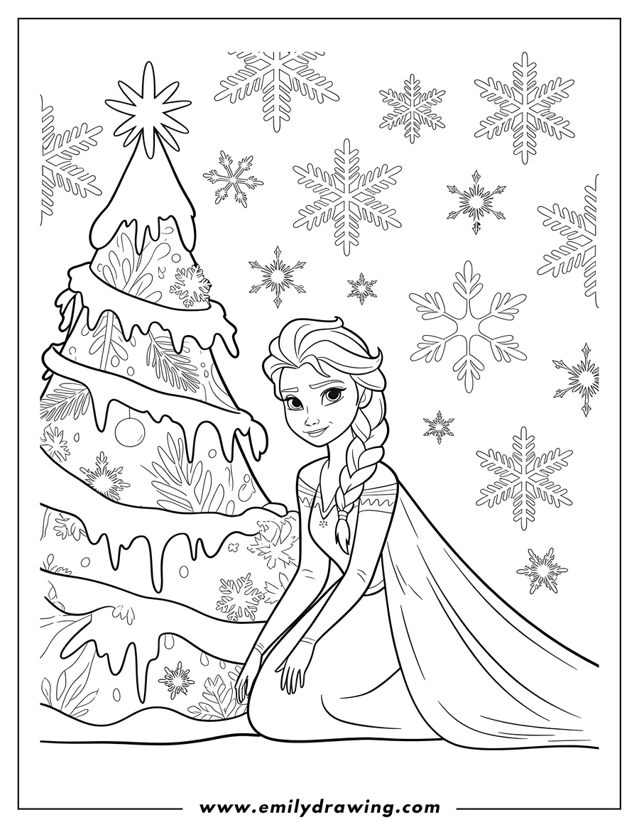 Elsa from Frozen sitting near a decorated Christmas tree. Many snowflakes surround them.