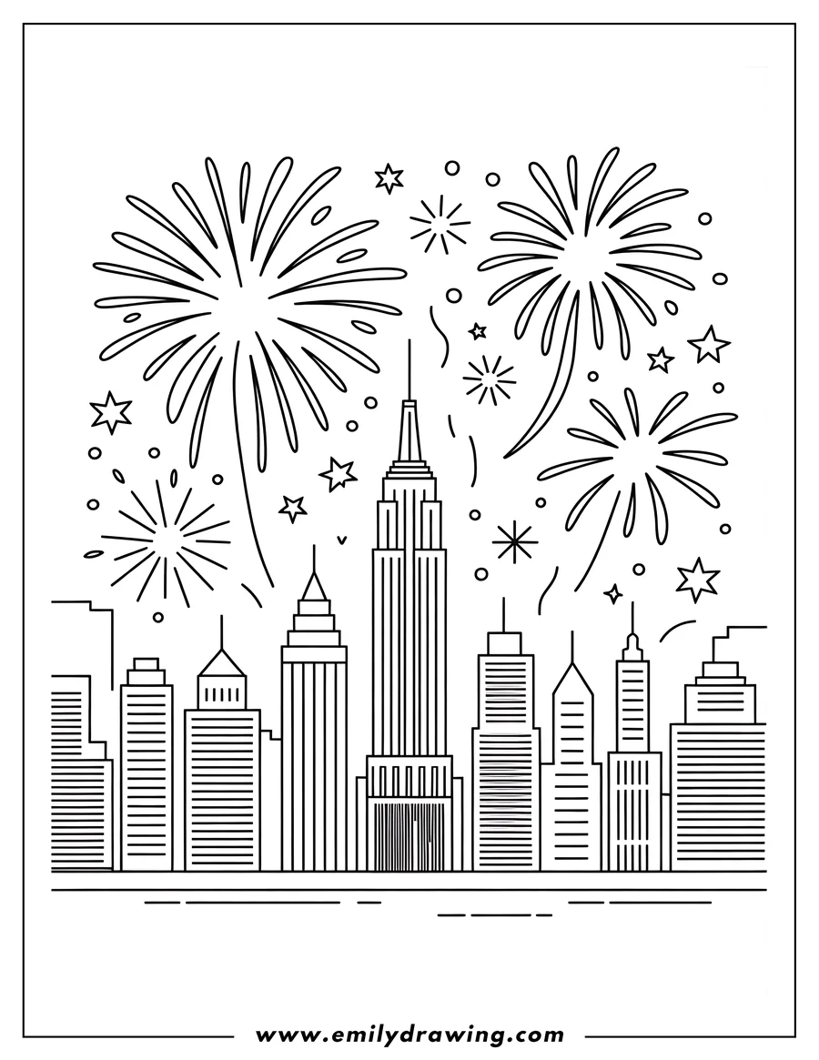 Outline of the Empire State Building and a city skyline with fireworks exploding above.