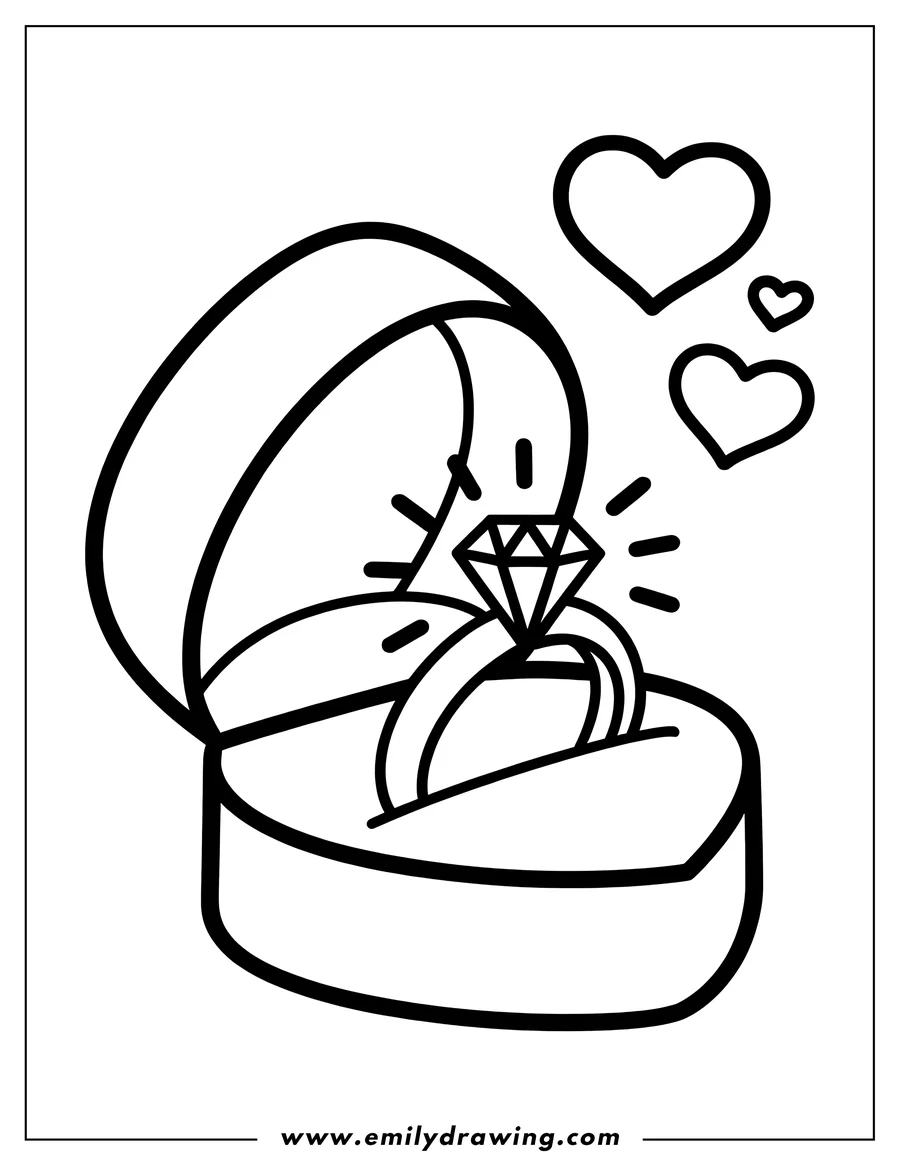 Outline of an engagement ring with a large diamond in an open heart-shaped box, with three small hearts floating above.