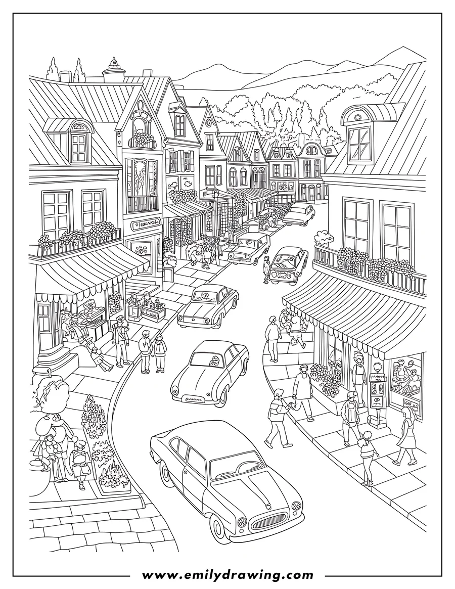 Outline of a European town street scene with people walking, shopping, and driving vintage cars. Buildings with awnings and balconies line the street, and trees and hills are visible in the background.