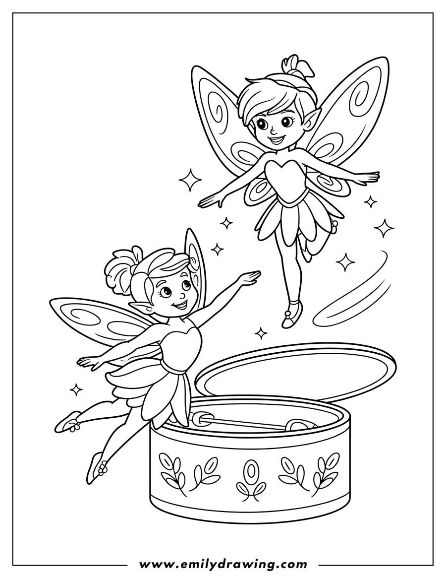 Two fairies interacting with a decorated music box. One fairy flies above while the other reaches towards it.