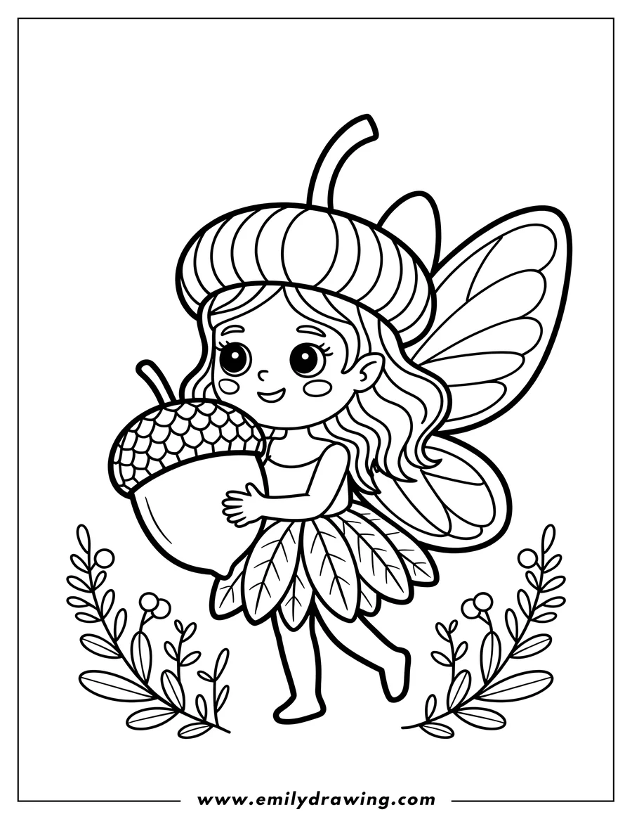 Outline of a small fairy holding a large acorn. She has an acorn cap for a hat and a leaf dress.
