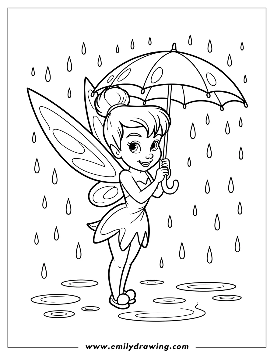 Line art of a cheerful fairy holding an umbrella in the rain. She's surrounded by raindrops and puddles.