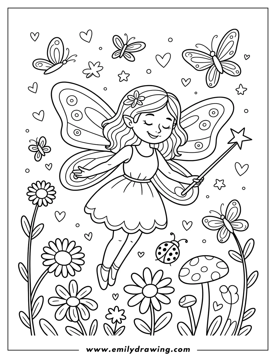 Outline of a fairy with a magic wand, surrounded by butterflies, flowers, a ladybug, and mushrooms.