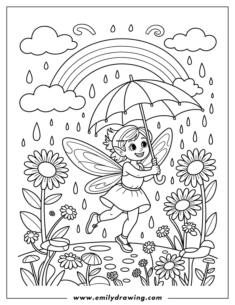 Outline of a fairy holding an umbrella, skipping through a field of flowers in the rain. A rainbow arcs over the scene.