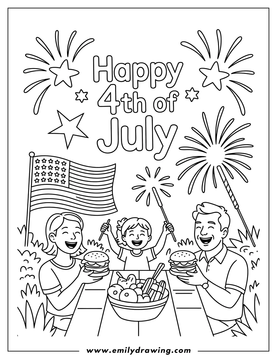 Line art depicting a family celebrating the 4th of July with a picnic. They have burgers, a fruit bowl, sparklers and there are fireworks in the sky behind them.