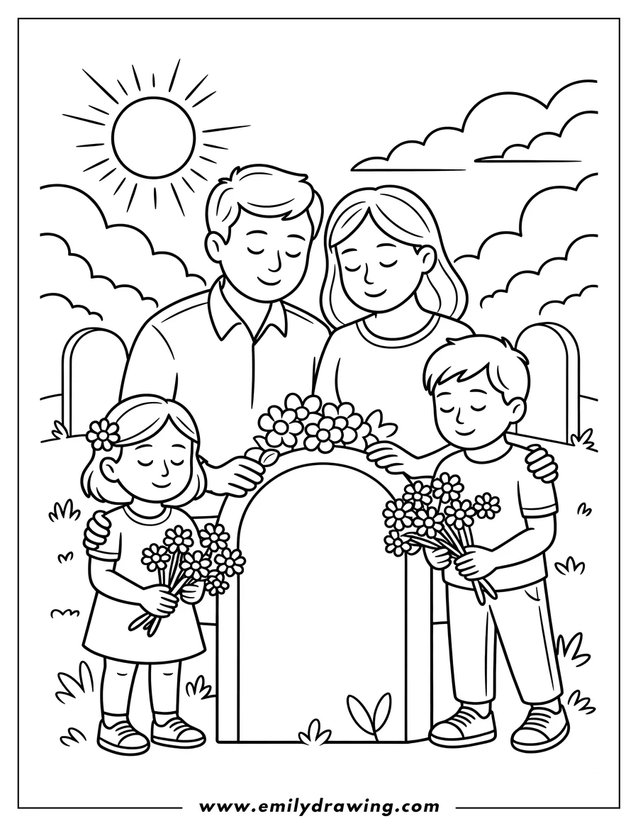 Line art of a family with flowers at a cemetery on Memorial Day. The daughter, son, and parents each hold bouquets.