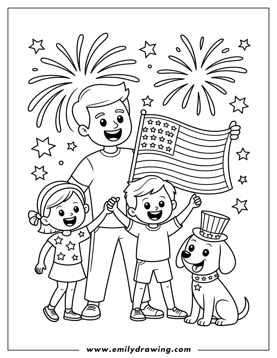 Line art of a family with an American flag and a dog celebrating Independence Day with fireworks in the background.