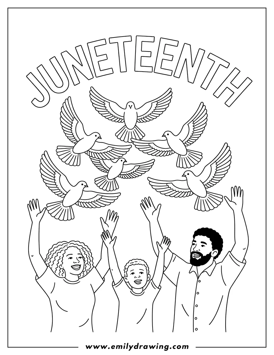 Line art of a family celebrating Juneteenth with doves flying overhead. The word 'Juneteenth' appears in bold, arched letters above them.
