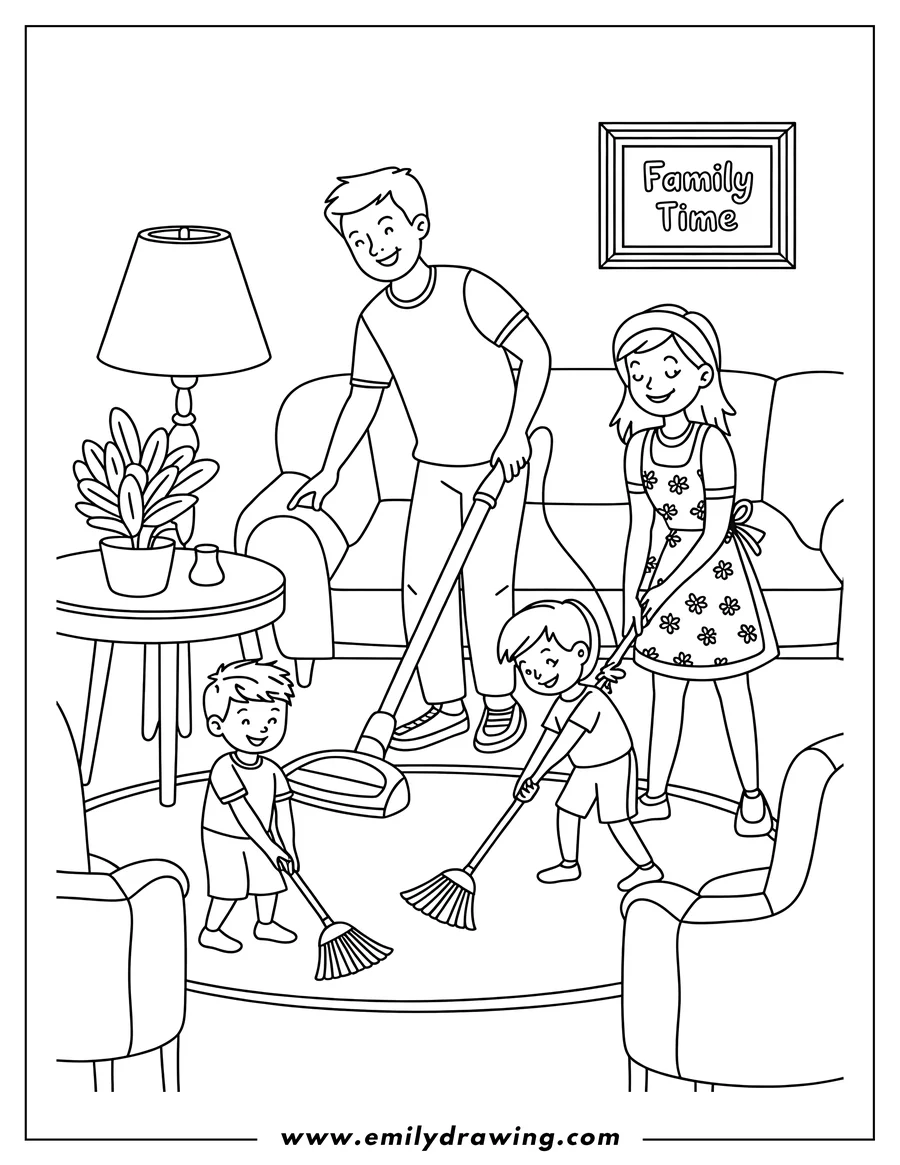 Line art of a family cleaning their living room. Dad vacuums, two children sweep with brooms, and Mom tidies up.