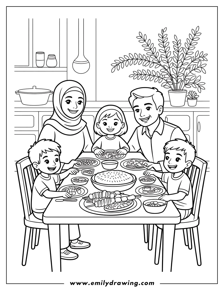 Line art of a family of five enjoying dinner together at a table filled with various food items. A mother wearing a hijab sits with her husband, daughter, and two sons.